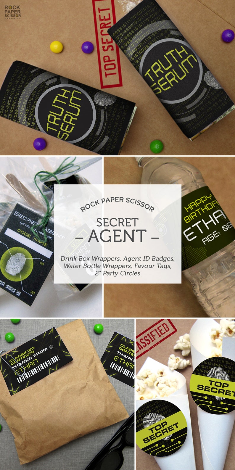 Kid's Spy, Secret Agent, Espionage, Mission Impossible, Detective Birthday Party Kit, decorations. Customized and downloadable PDF. image 3