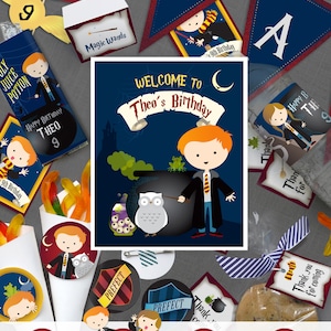Puede incluir: Suministros de fiesta imprimibles para una fiesta de cumpleaños con temática de Harry Potter. El conjunto incluye un cartel de bienvenida, pancartas, etiquetas de regalo, adornos para cupcakes y mucho más. El diseño presenta a un niño pelirrojo con una túnica de mago, un búho y un caldero.