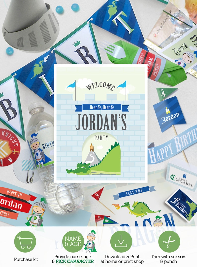 Downloadable Party Decorations Boy/'s Knights /& Dragons Printable Birthday Party