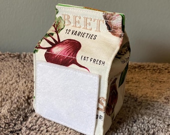 Milk carton shaped fabric bag with velcro top closure