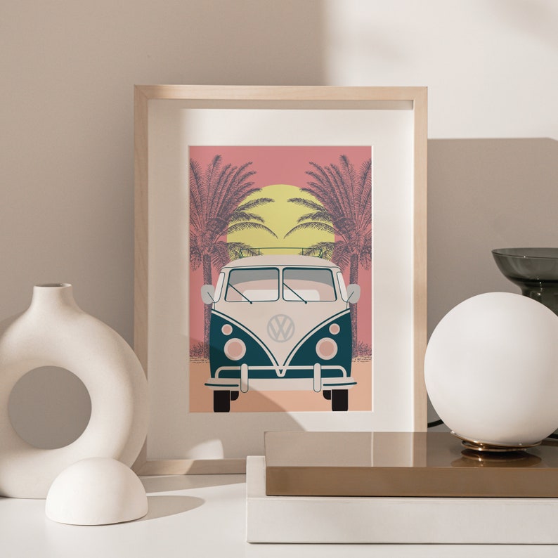 VW Bus Sunset Art Print Home Decor Wall Art Retro Poster Etsy