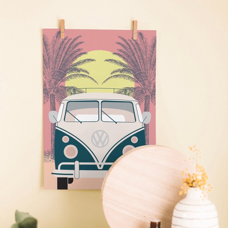 VW Bus Sunset Art Print Home Decor Wall Art Retro Poster Etsy