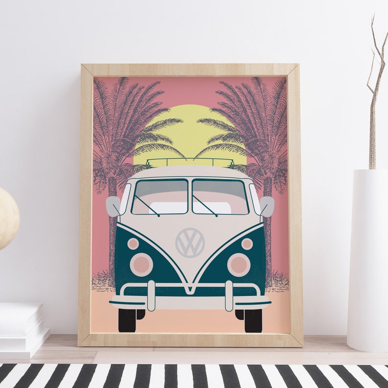 VW Bus Sunset Art Print Home Decor Wall Art Retro Poster Etsy