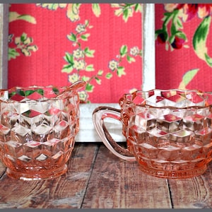 Jeannette Pink Depression Cream and Sugar Glass Set, Cubist Cube Pattern, Diamond Cut, Art Deco Style, Jeannette Glass Company, Vintage 1930