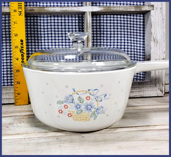 Corning Ware Country Cornflower Stovetop Saucepan, 1.5 Quart With Lid,  Ceramic Glass Pyroceram, Farmhouse Kitchen Cookware, Vintage 1980s 