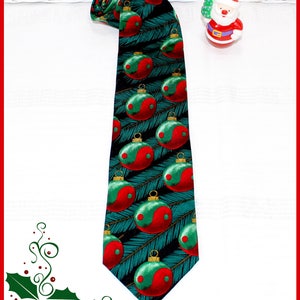 Ralph Marlin Ugly Christmas Silk Tie, Yin Yang Ornament, Red, Green, Black, Pine Branches, Fun Necktie, Mens Accessory Necktie, Vintage 1996