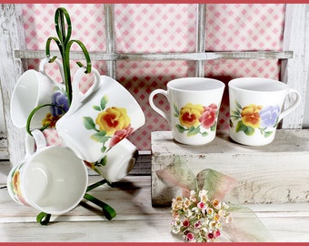 Corning Ware Summer Blush Tall Cups, Set of Six Mugs, Colorful Pansy Flowers, 8 Ounces, Farmhouse Kitchen, Shabby Chic Decor, Vintage 1990's