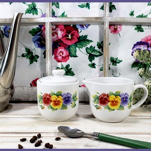Corelle Coordinates, Summer Blush Covered Sugar & Creamer, Jay Import Co. Ceramic Corning Coordinates, Pansy Blooms Pattern, Vintage 1990&#39;s