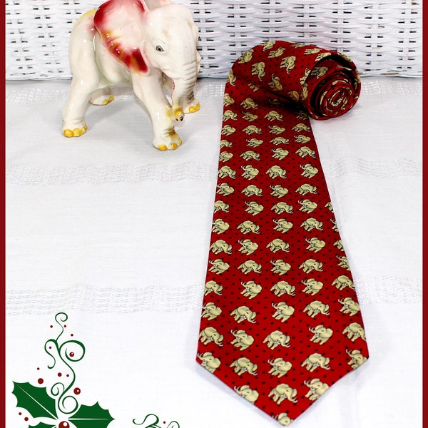 Rene Chagal Designer, Elephant Pattern, Silk Suit Tie, 100% Italian Silk, Handmade, Red, Ivory, Necktie, Elephant Theme, Men's Accessories