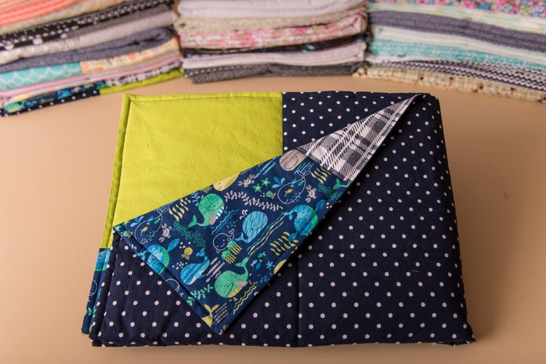 modern baby quilt. Baby boy bedding polka dots- Boys Baby Quilt--Blue and Green--Whales--Navy and Lime--Plaid