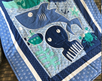 Under The Sea Baby Quilt-Crib Bedding, Baby Shower Gift, Blue Quilt, Gender Neutral baby gift, newborn gift, nautical nursery- new mom gift