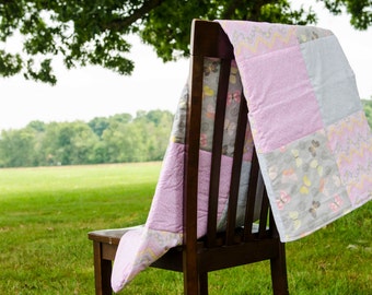 Pink and gray girls baby quilt, Girls nursery bedding, baby girl gift, pink baby shower, floral quilt, new baby gift, new mom gift, nursery