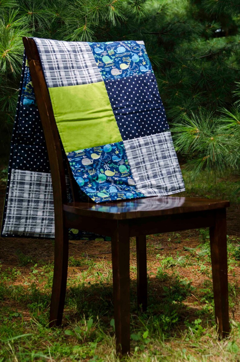 modern baby quilt. Baby boy bedding polka dots- Boys Baby Quilt--Blue and Green--Whales--Navy and Lime--Plaid