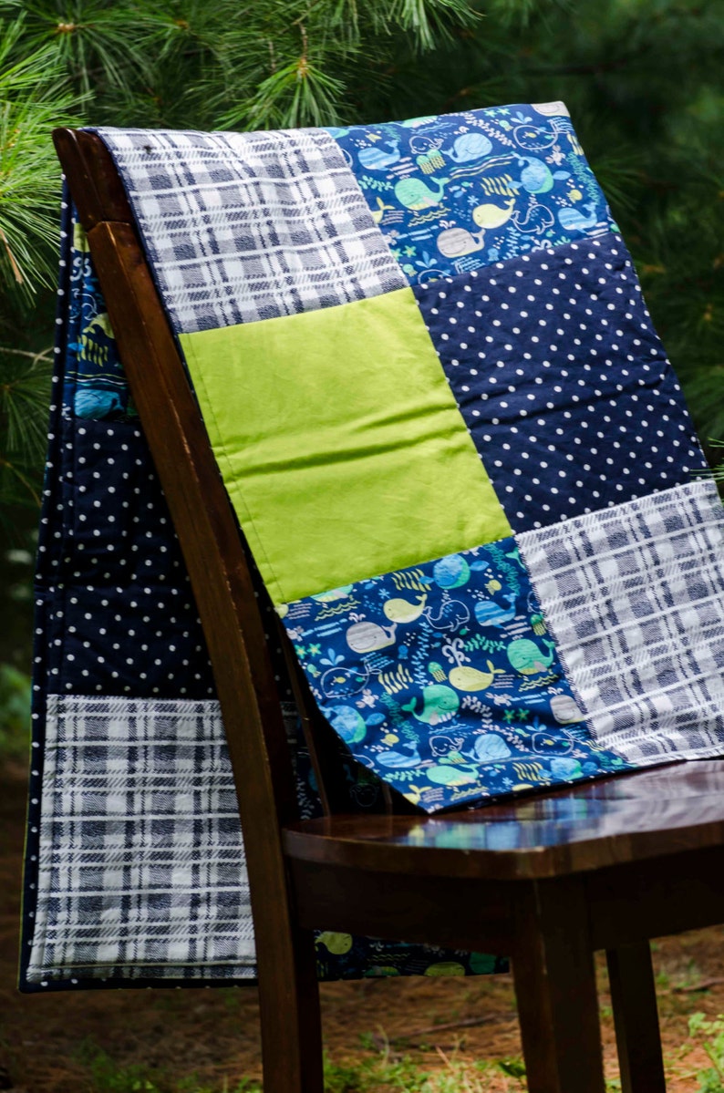 modern baby quilt. Baby boy bedding polka dots- Boys Baby Quilt--Blue and Green--Whales--Navy and Lime--Plaid