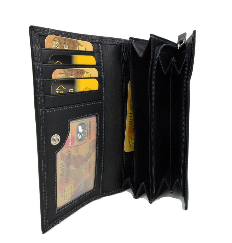 Black Leather Wallet Big Credit Card Holder Trifold 2faced Organiser