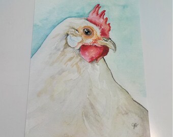May include: Watercolor painting of a white hen with a red comb and wattle. The hen is looking to the right of the image. The background is a light blue watercolor wash.