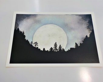 May include: Watercolor painting of a full moon rising over a dark forest silhouette. The moon is a pale yellow and the sky is a soft blue with gray clouds.