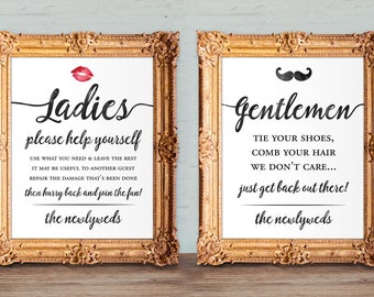 Wedding bathroom signs - bathroom basket signs - womens and mens hospitality basket - his and hers bathroom signs - printable 8x10 and 5x7