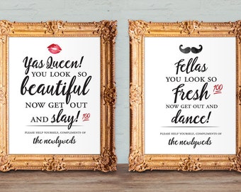 funny wedding bathroom basket signs - hospitality basket sign - yas queen - his and hers bathroom signs - printable 8x10 and 5x7