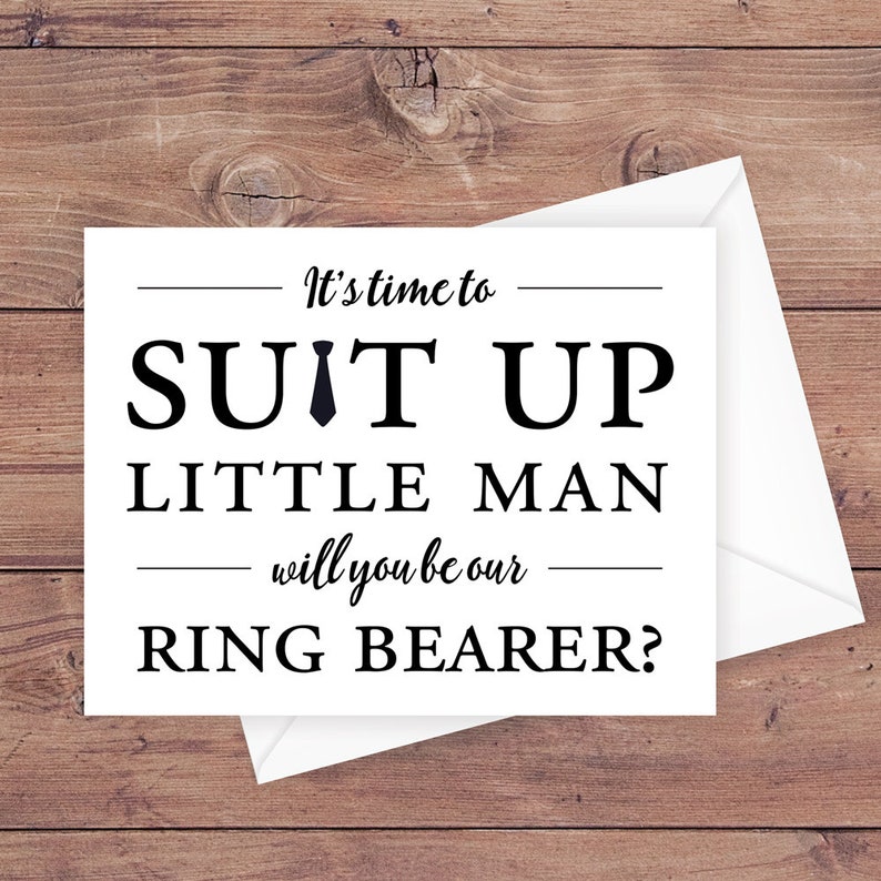 will you be our ring bearer card time to suit up little man suit up ring bearer funny ring bearer card greeting card PRINTABLE image 1