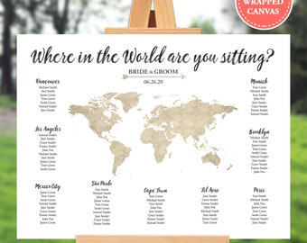 world map seating chart canvas - wedding seating chart - travel themed wedding - destination wedding - 16x20 - 18x24 - 24x36