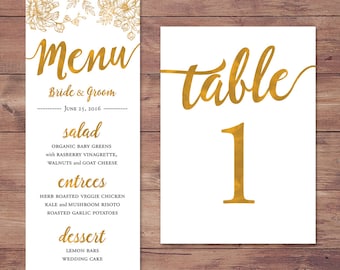 Wedding menu and table numbers 1 - 50 - custom matching set - PRINTABLE - 4x9 and 5x7
