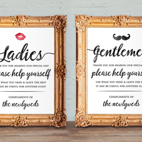 Wedding bathroom basket signs - womens and mens hospitality basket - his and hers bathroom signs - help yourself - printable 8x10 and 5x7