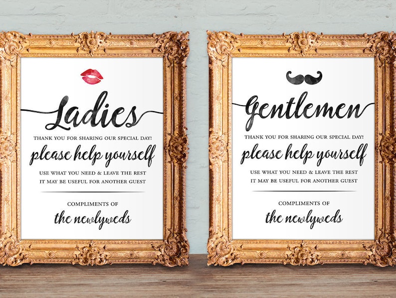 Wedding bathroom basket signs - womens and mens hospitality basket - his and hers bathroom signs - help yourself - printable 8x10 and 5x7 