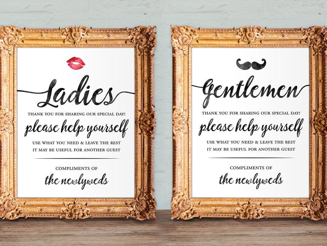 Wedding bathroom basket signs womens and mens hospitality