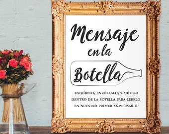 Signe de livre d'or de mariage - Mensaje en la botella - Message dans un signe de mariage de bouteille - Livre d'or de mariage ESPAGNOL - IMPRIMABLE 8x10 et 5x7