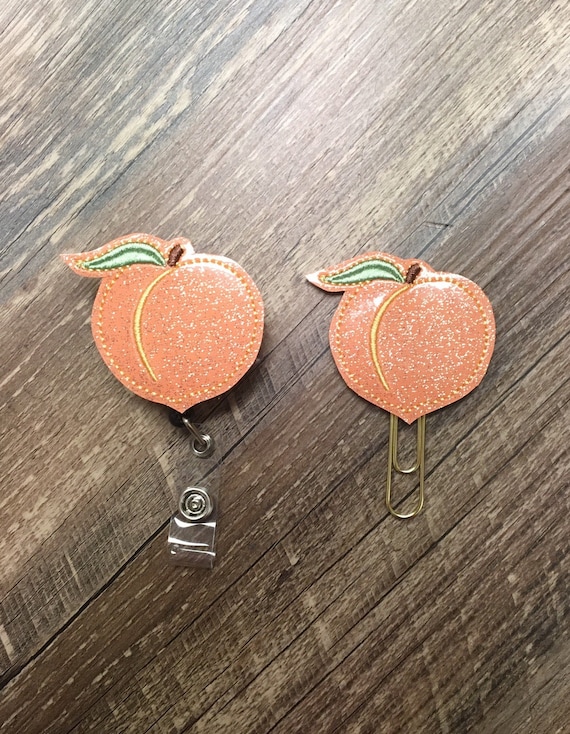 Peach badge reel, peach planner clip, peach magnet, peach feltie, sparkly  peach badge reel, glittery peach badge reel
