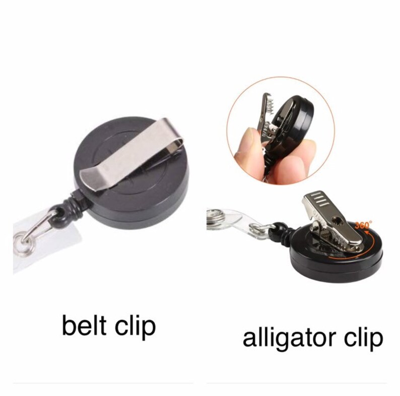 May include: A black retractable badge holder with a metal belt clip and a 360 degree rotating alligator clip.