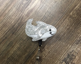 Shark badge reel, glittery shark badge reel, shark week badge reel, shark planner clip, shark magnet