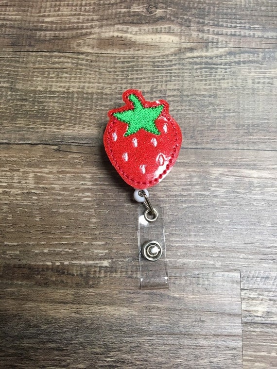 Glittery Strawberry badge reel, spring badge reel, summer badge reel,  strawberry planner clip, strawberry magnet planner clip feltie