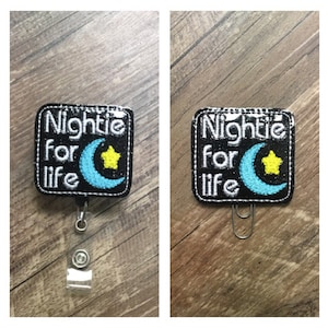 Nightie for lift badge reel,  Night shift nurse badge reel, night shift badge reel, night shift star Moon glittery badge reel planner clip