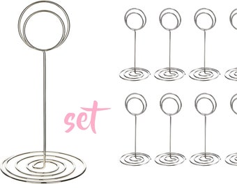 10/20/50 Circle Place CARD HOLDER, Silver WIRE name card stand, wedding table number, guest place, reception seating card, photo holder