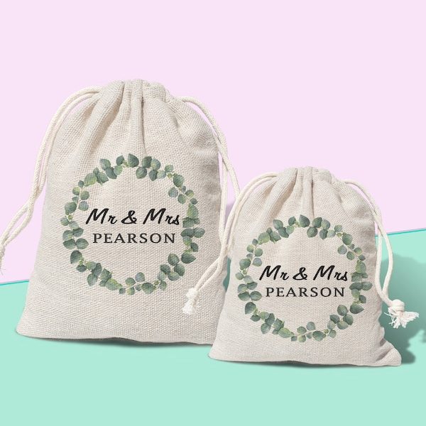 BOTANICAL wedding FAVOUR BAGS, personalised cotton bags, eucalyptus green wedding pouches, jute burlap drawstring bag floral party gift bag