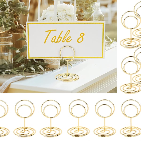 10 piezas círculo dorado Lugar TITULAR + TARJETAS, soporte de tarjeta de nombre de boda de alambre redondo, número de mesa, lugar de invitados, tarjeta de asiento de recepción, portafotos