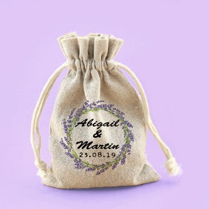 LAVENDER wreath WEDDING FAVOR bags, purple lavender drawstring bag, custom burlap bags, jute gift bags, burlap bag, rustic favor, mauve bag