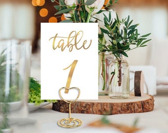 10 x Heart table name HOLDER + CARDS, gold WIRE wedding name card stand, table number, guest place, reception seating card, picture holder