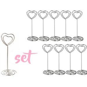 10/20/50 Heart Place CARD HOLDER, Silver WIRE wedding name card stand, table number, guest place, reception seating card, photo holder