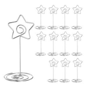 10/20/50 STAR Porta tarjetas de lugar, soporte de alambre plateado para tarjetas de nombre de boda, número de mesa, lugar de invitado, tarjeta de asiento de recepción, portafotos