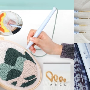 Pode incluir: Um close-up de uma ferramenta de punção com uma alça azul e uma agulha de metal. A ferramenta está sendo usada para criar um design abstrato colorido em uma tela branca. O design inclui tons de verde, rosa e branco. A imagem também mostra um close-up das agulhas de diferentes tamanhos e uma amostra do produto acabado.