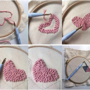 May include: A step-by-step guide to creating a pink heart using a punch needle and embroidery hoop. The image shows the process from starting the heart to finishing the heart.