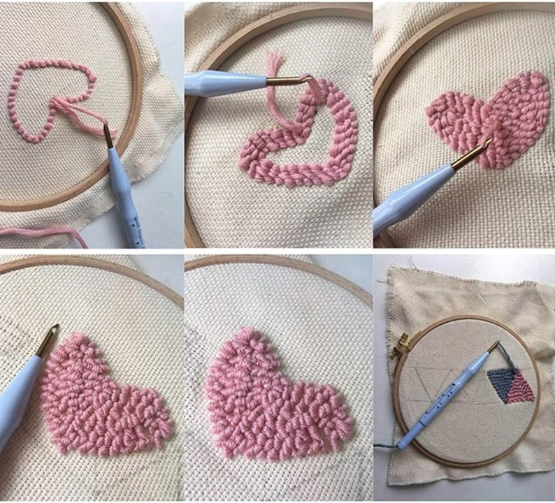 May include: A step-by-step guide to creating a pink heart using a punch needle and embroidery hoop. The image shows the process from starting the heart to finishing the heart.