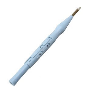 May include: A light blue plastic crochet hook with a metal hook at the end. The hook has a sliding mechanism with letters A, B, C, and D marked on it.