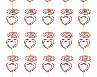 10x rose gold HOLDER + CARDS, Heart shape table name holder, wedding table number, guest place, reception seating card, picture holder metal