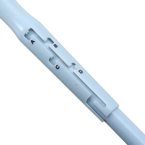 May include: A close-up of a light blue mop handle with four settings labelled A, B, C, and D.