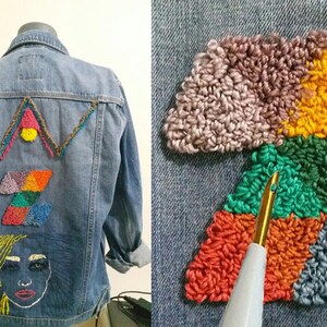 May include: A denim jacket with colourful embroidery. The embroidery includes a geometric design, a portrait, and the letter "Z".