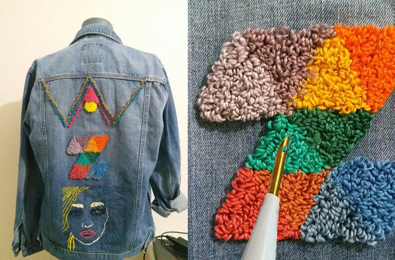 May include: A denim jacket with colourful embroidery. The embroidery includes a geometric design, a portrait, and the letter "Z".